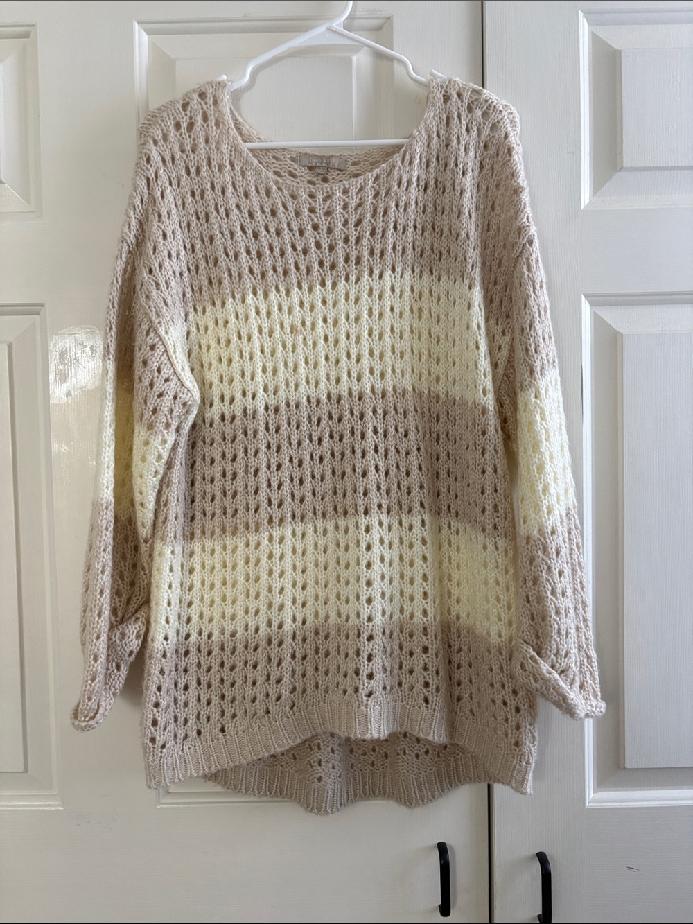 Joan Vass Cream and Beige Open-Knit Scoop Neck Sweater